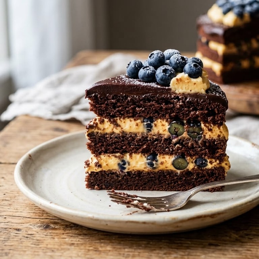 Pastel de chocolate con arándanos