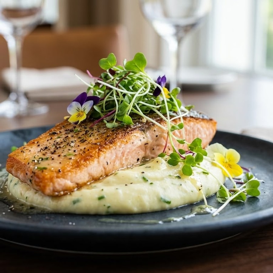 Salmón sellado con puré de papas